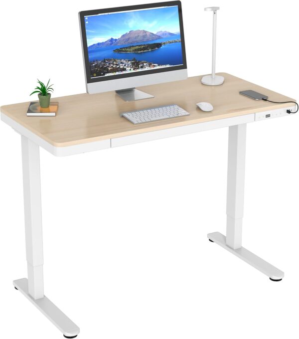 Mount-It! Electric Standing Desk – 47.2" Adjustable Height Sit-Stand Desk with USB Ports, Drawer, and Touch Controls – White Frame with Maple Top