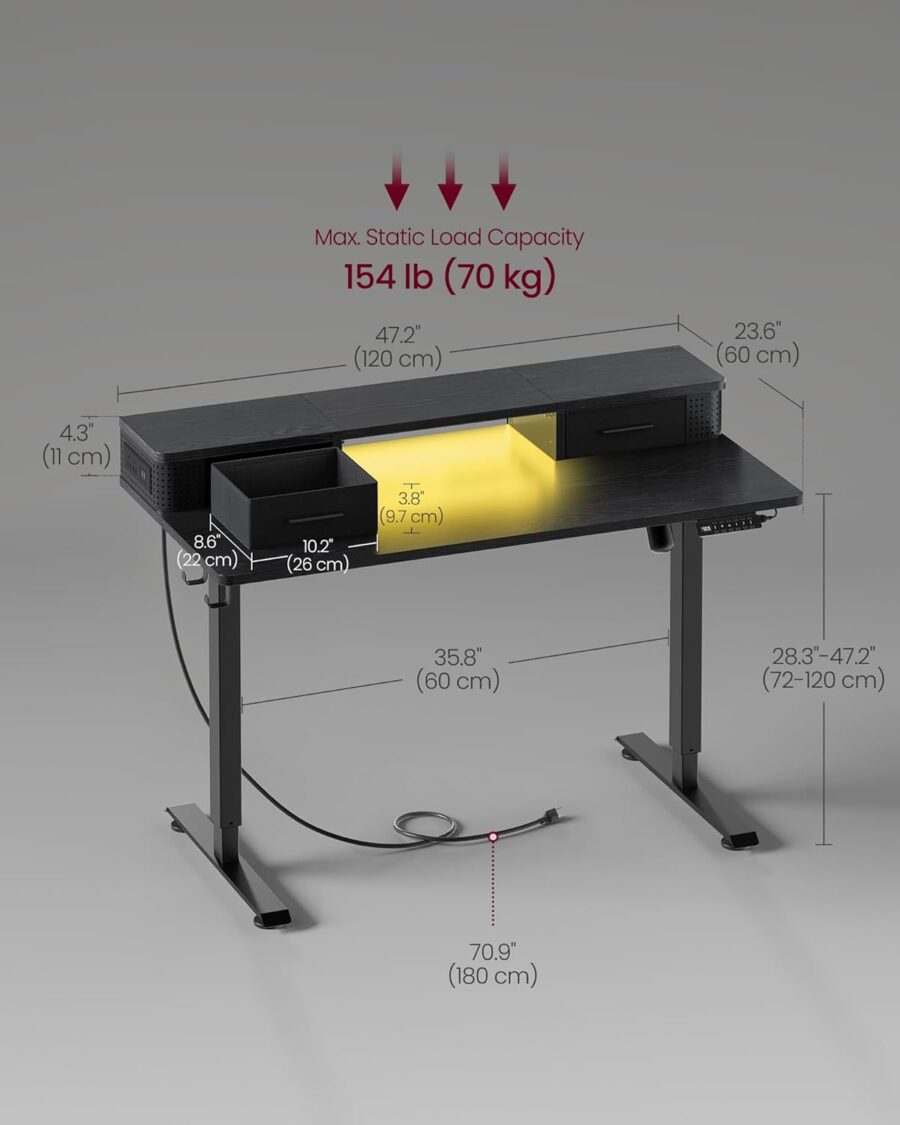 VASAGLE Electric Standing Desk – 47.2" Adjustable Sit-Stand Desk with LED Lights, Drawers, Power Outlets, and Memory Settings – Ink Black - Image 3