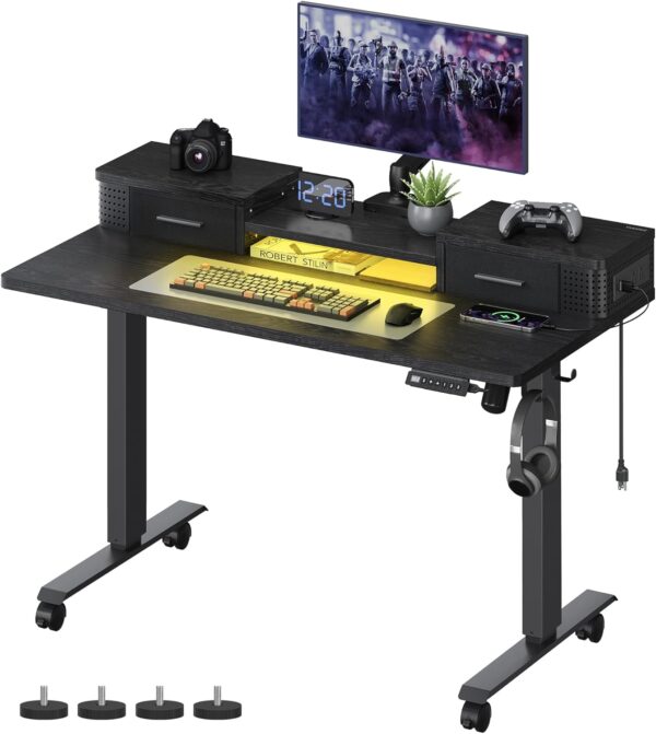 VASAGLE Electric Standing Desk – 47.2" Adjustable Sit-Stand Desk with LED Lights, Drawers, Power Outlets, and Memory Settings – Ink Black