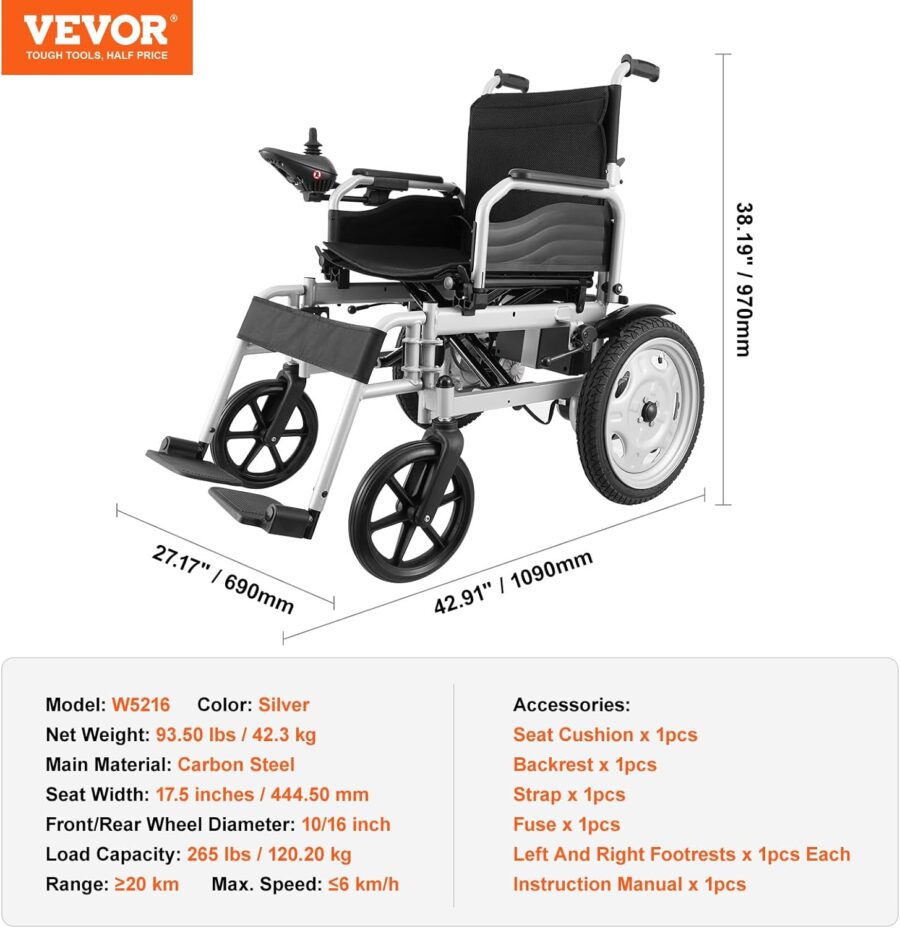 VEVOR Foldable Electric Wheelchair for Adults & Seniors – 300 lbs Capacity, 20Ah Battery, All-Terrain, 17.7" Seat, Lightweight Power Chair - Image 7