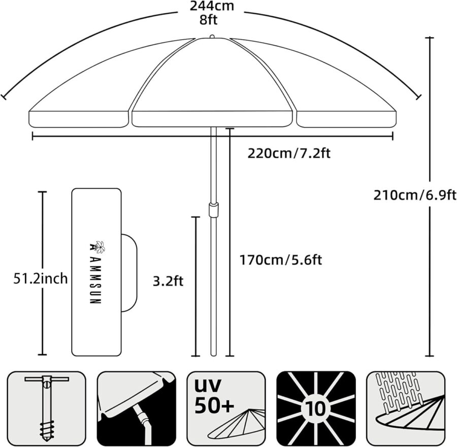AMMSUN 8FT Beach Umbrella with Sand Anchor – Windproof Outdoor Sunshade with Tilt, Air Vents & UPF 50+ UV Protection for Beach, Pool & Patio - Image 28