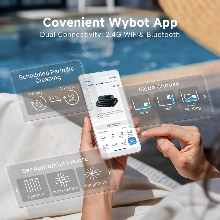 WYBOT S2 Vision AI Robotic Pool Cleaner – Cordless Vacuum with Camera, 8 Modes, 210min Runtime, for Pools up to 3229 sq.ft, Wall & Waterline Cleaning (2025 Model) - Image 9