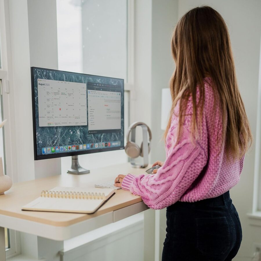 Mount-It! Electric Standing Desk – 47.2" Adjustable Height Sit-Stand Desk with USB Ports, Drawer, and Touch Controls – White Frame with Maple Top - Image 7