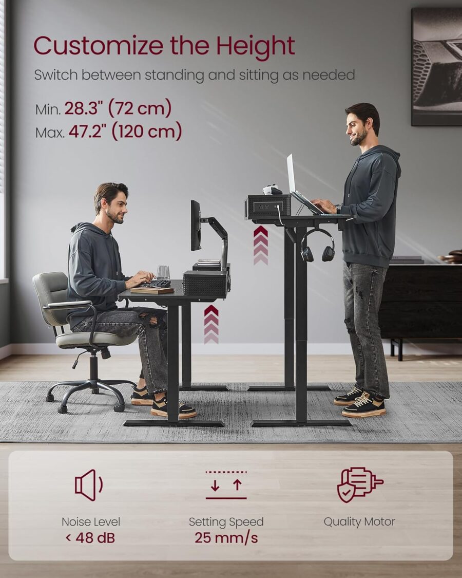 VASAGLE Electric Standing Desk – 47.2" Adjustable Sit-Stand Desk with LED Lights, Drawers, Power Outlets, and Memory Settings – Ink Black - Image 5