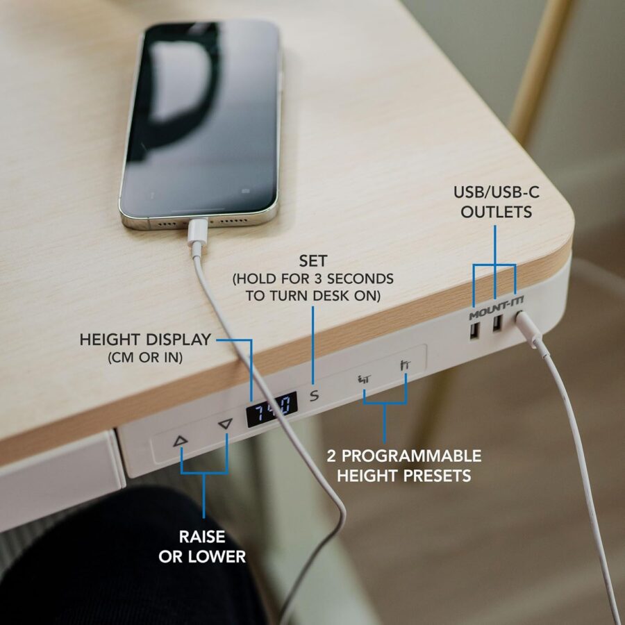 Mount-It! Electric Standing Desk – 47.2" Adjustable Height Sit-Stand Desk with USB Ports, Drawer, and Touch Controls – White Frame with Maple Top - Image 6