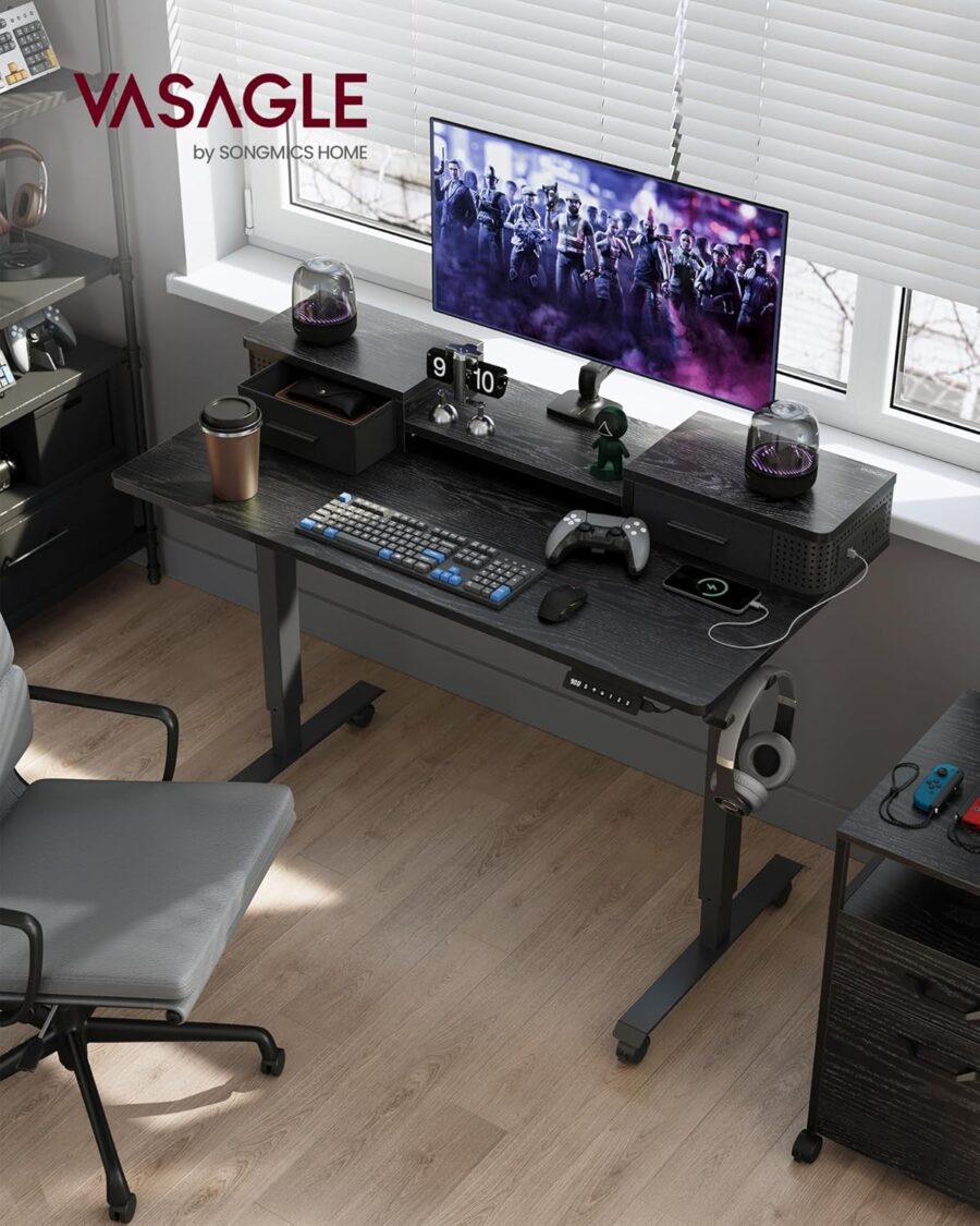 VASAGLE Electric Standing Desk – 47.2" Adjustable Sit-Stand Desk with LED Lights, Drawers, Power Outlets, and Memory Settings – Ink Black - Image 2