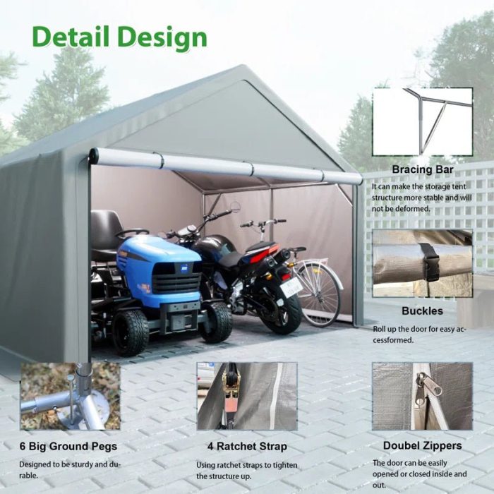 10 Ft. W X 10 Ft. D Portable Storage Shed Bike Shed Motorcycle Garage - Image 7